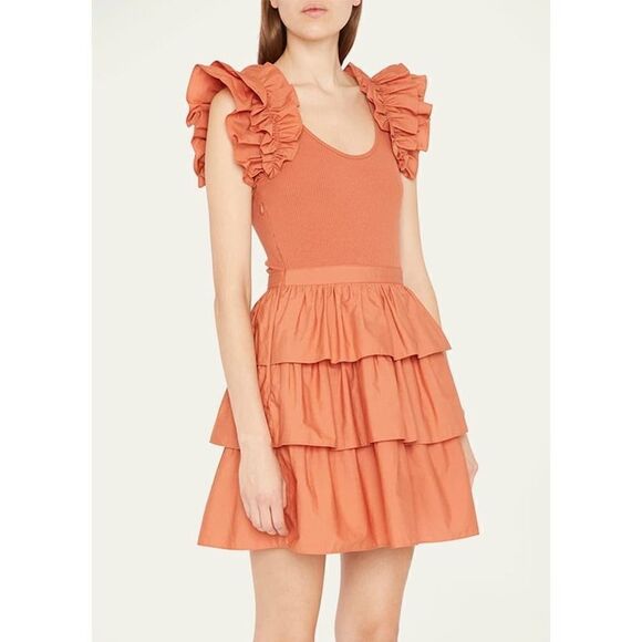 ULLA JOHNSON Hanna Tiered Ruffle Mini Dress Size 10 Women’s in Burnt Orange - Picture 12 of 12